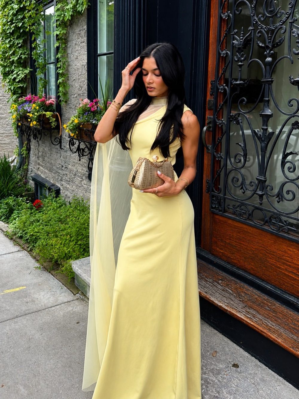 Commense Butter Yellow Drape Slim Maxi Evening Dress - Picture 2 of 8